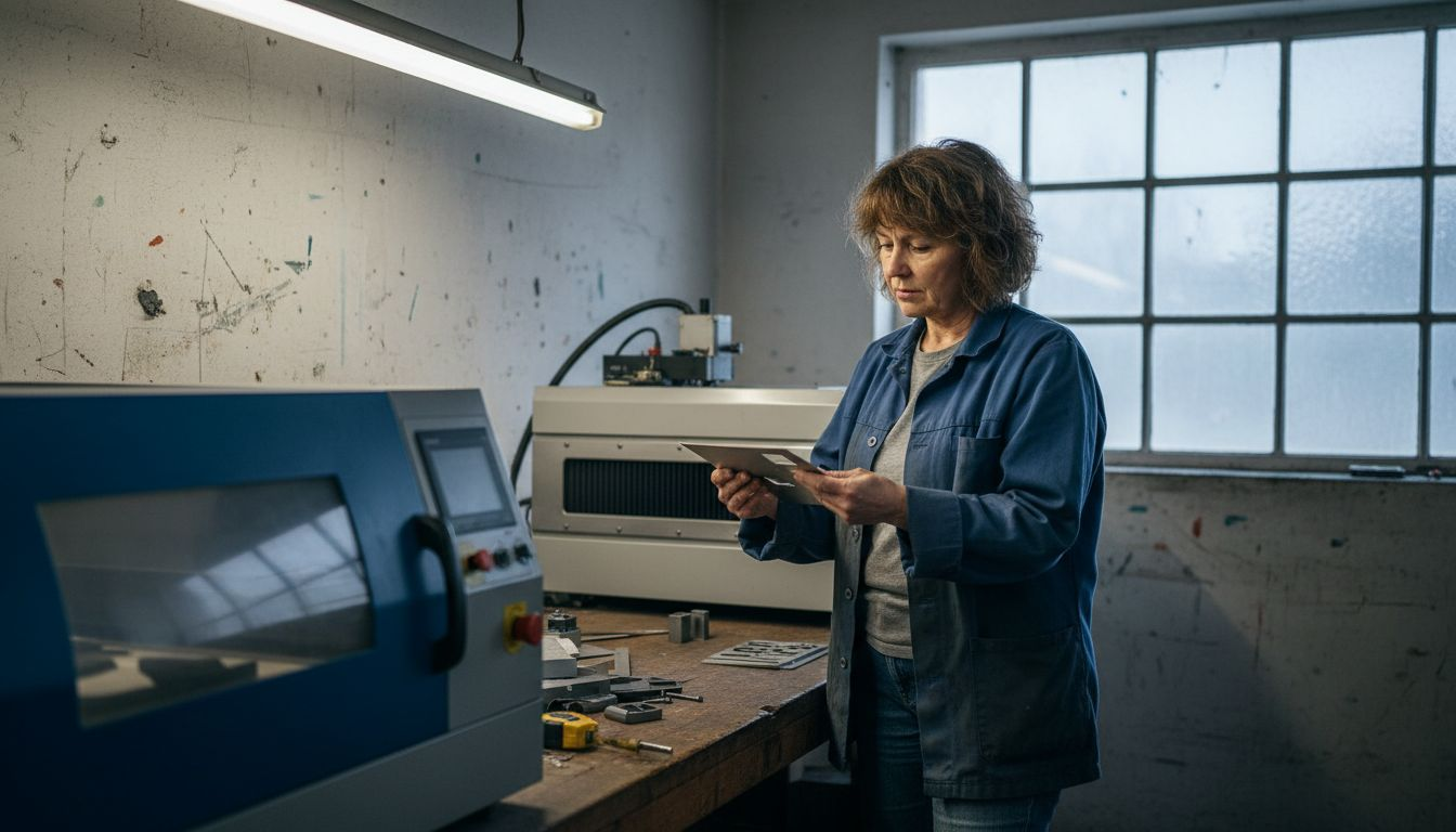 In einer regionalen Werkstatt für Lasertechnik arbeitet eine Fachkraft an modernen Lasermaschinen.