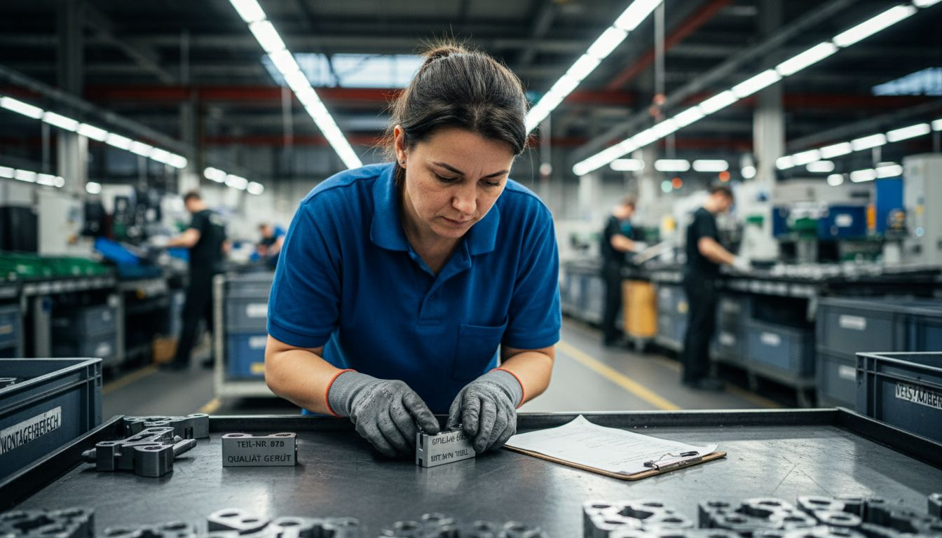 Ein Mitarbeiter überprüft Autoteile mit Lasergravur auf ihre Qualität.