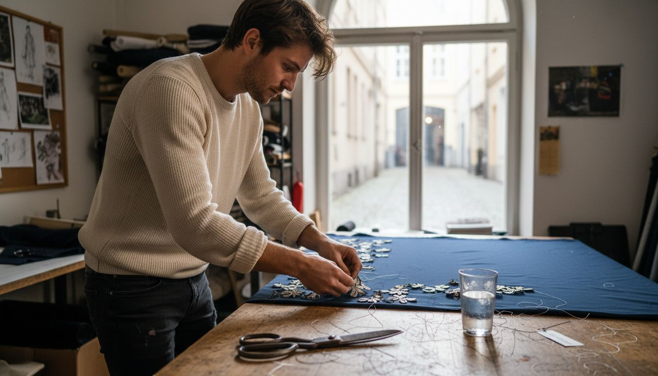Eine Designerin löst filigrane Motive aus einem mit dem Laser geschnittenen Stoff heraus.