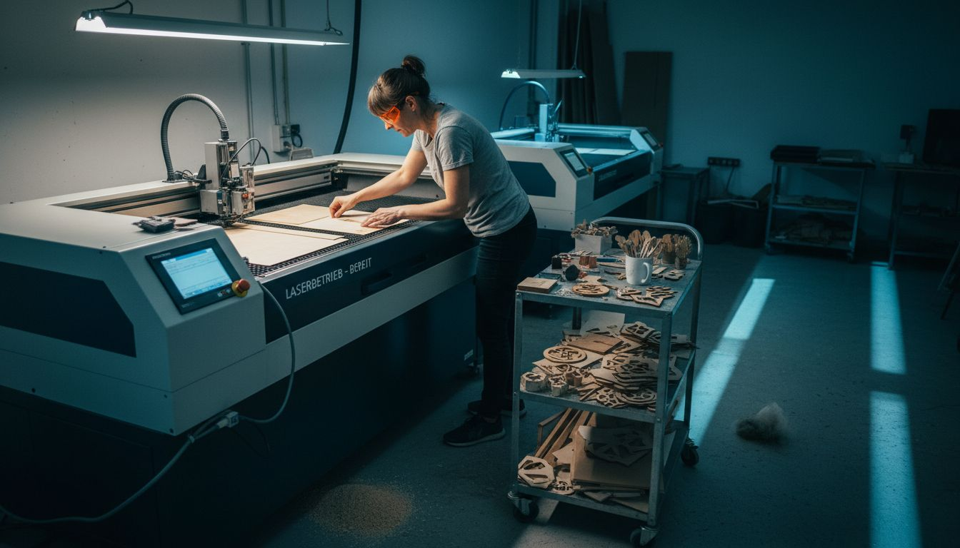 Eine Mitarbeiterin sortiert Materialien für die Laserschneidanlage.