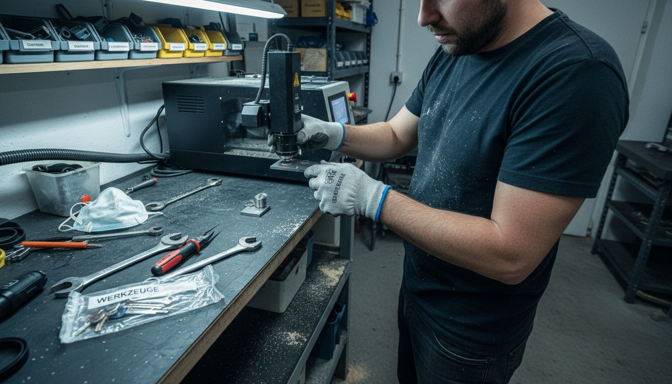 Ein Techniker bereitet die Lasergravur-Anlage für die Bearbeitung von Metall vor.