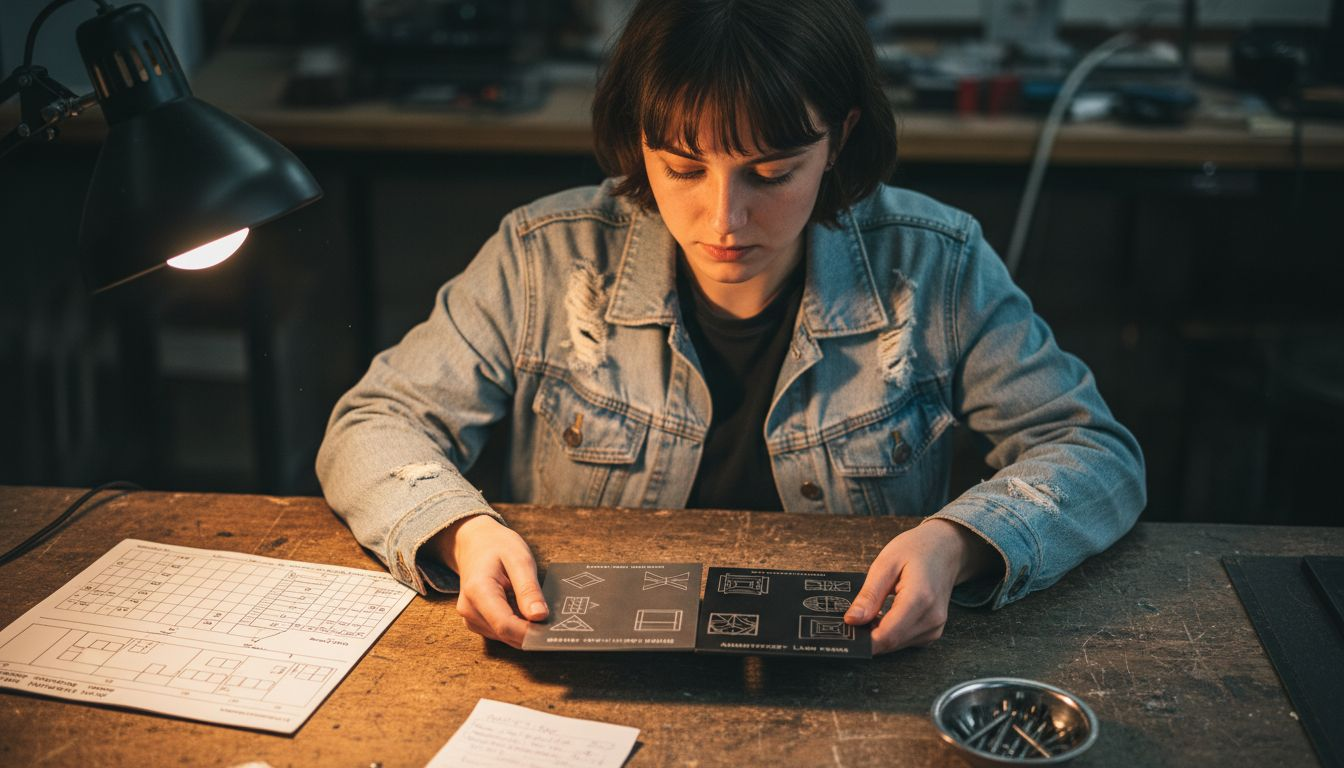 Eine Frau begutachtet verschiedene Materialien mit Gravur und vergleicht deren Eigenschaften.