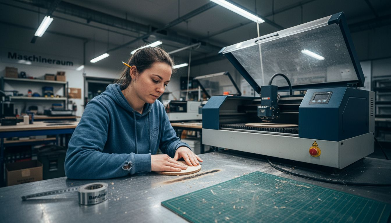 Ein Techniker bereitet das Holz nach dem Laserschneiden für die Weiterverarbeitung vor.