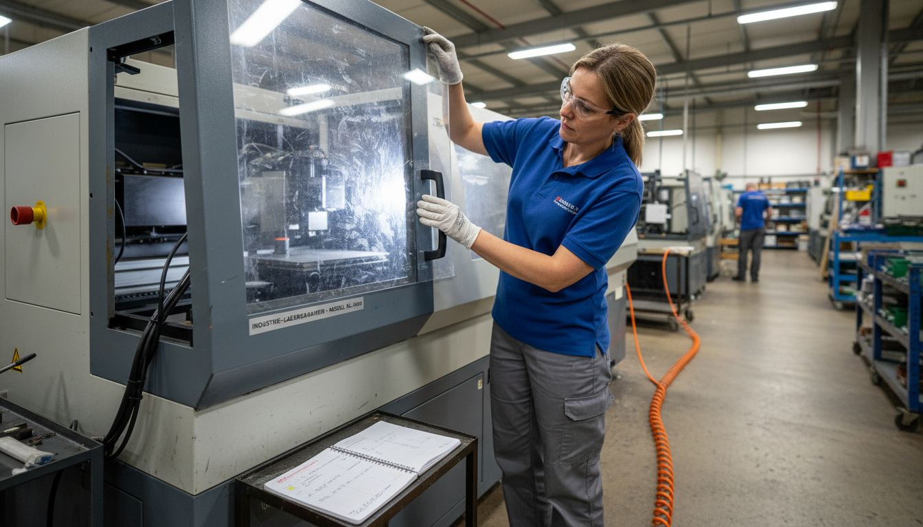 Ein Techniker überprüft die Schutzvorrichtung am Lasersystem.