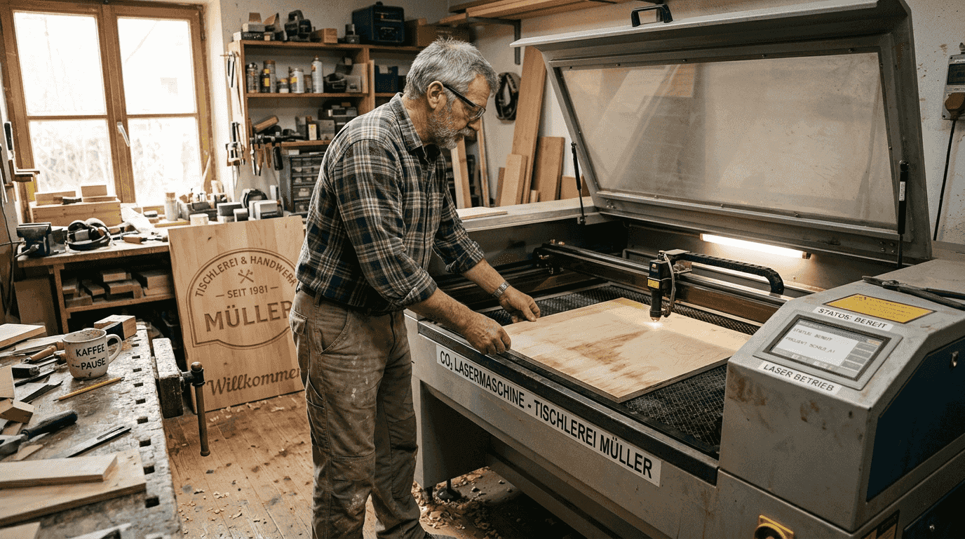 Ein Handwerkskünstler bearbeitet Holz präzise mit einem CO2-Laser.