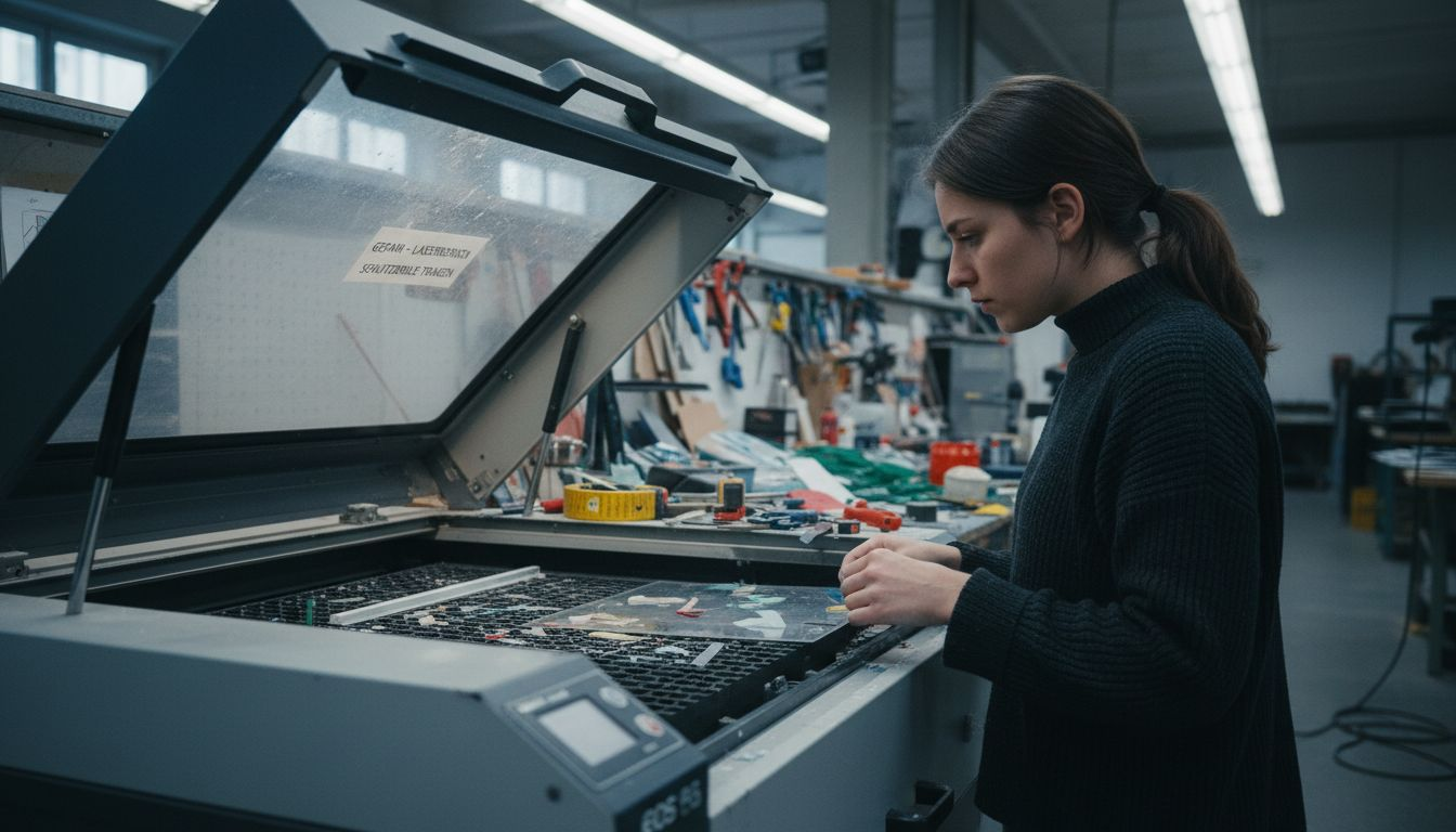 Ein Mitarbeiter richtet eine Acrylplatte in der Las prestige.