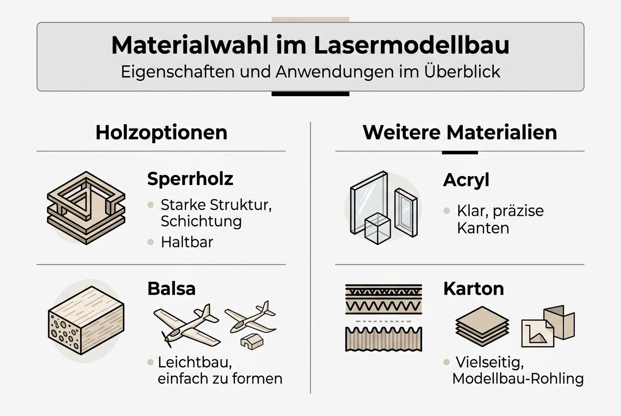 Übersicht: Geeignete Materialien für den Laserschnitt im Modellbau – eine anschauliche Infografik