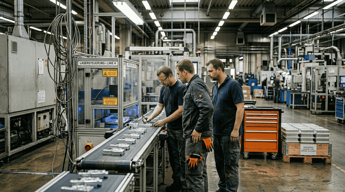 Im Produktionsbereich überprüfen Techniker die Laserfertigungsstraße auf Funktion und Qualität.