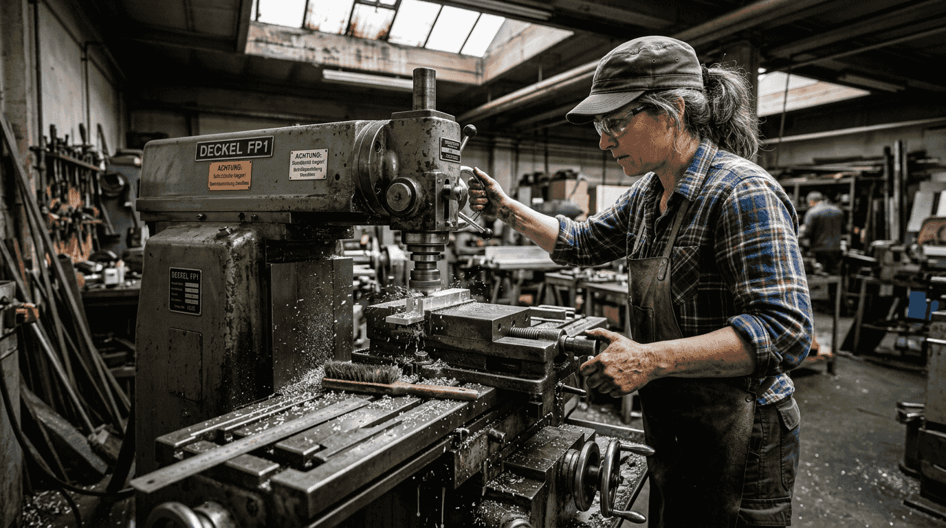 Eine Mitarbeiterin arbeitet an einer Fräsmaschine in der Metallwerkstatt.