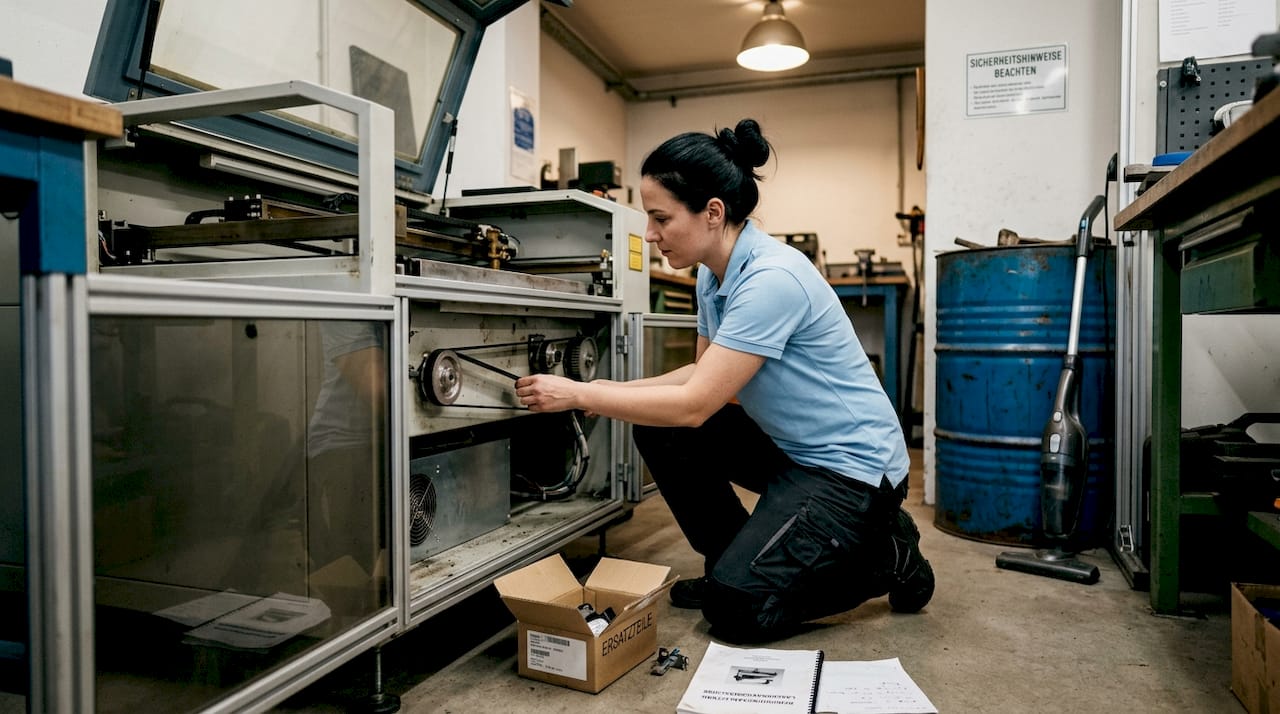 Ein Spezialist nimmt den Antrieb der Lasermaschine genau unter die Lupe.