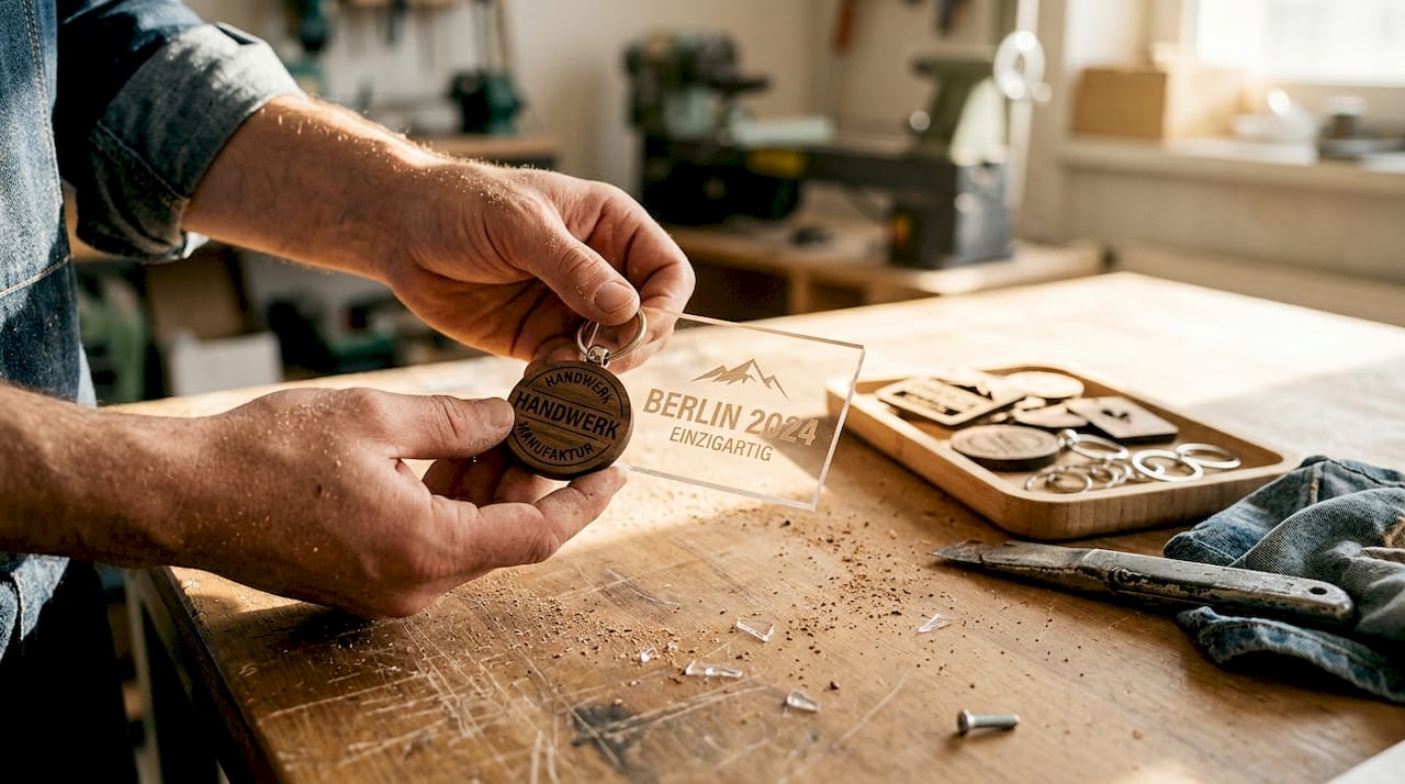 In den Händen wird ein gravierter Schlüsselanhänger aus Holz gehalten.
