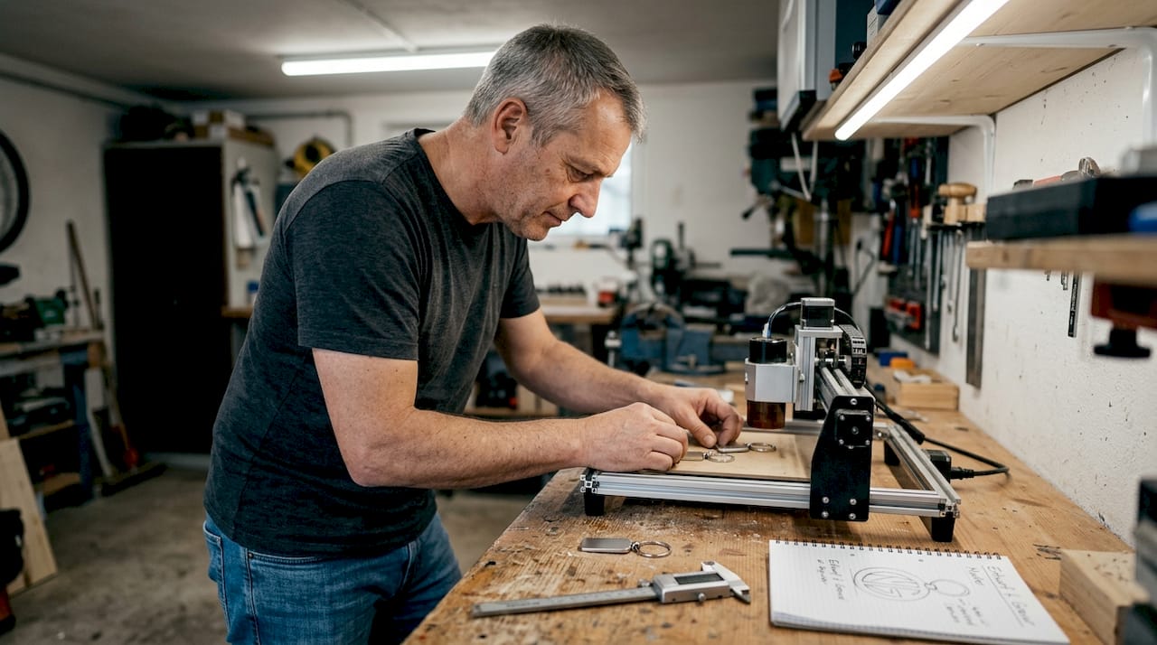 Ein Techniker nimmt in der Werkstatt die neue Lasermaschine fachgerecht in Betrieb.