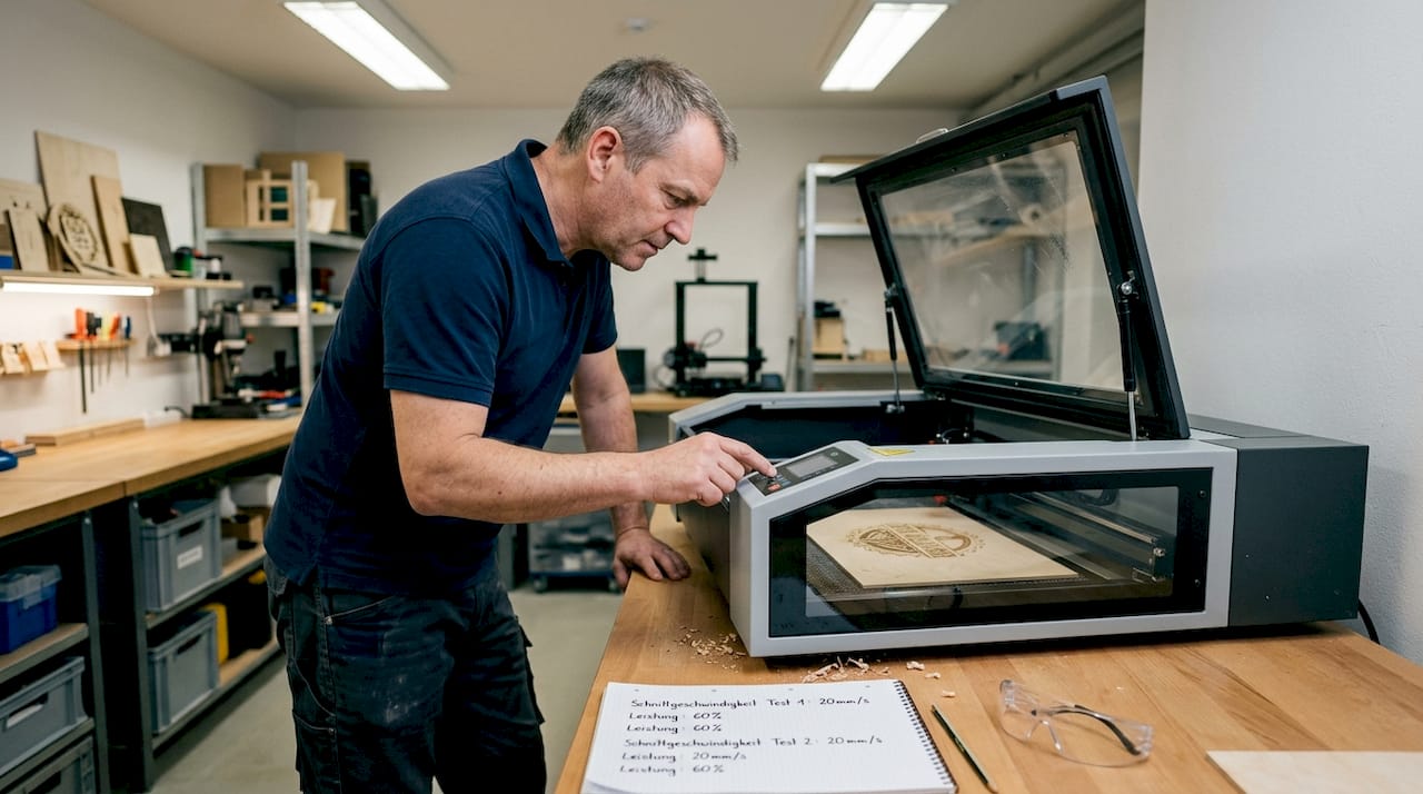 Ein Mitarbeiter bereitet in der Werkstatt den CO2-Laserschneider für den nächsten Einsatz vor.