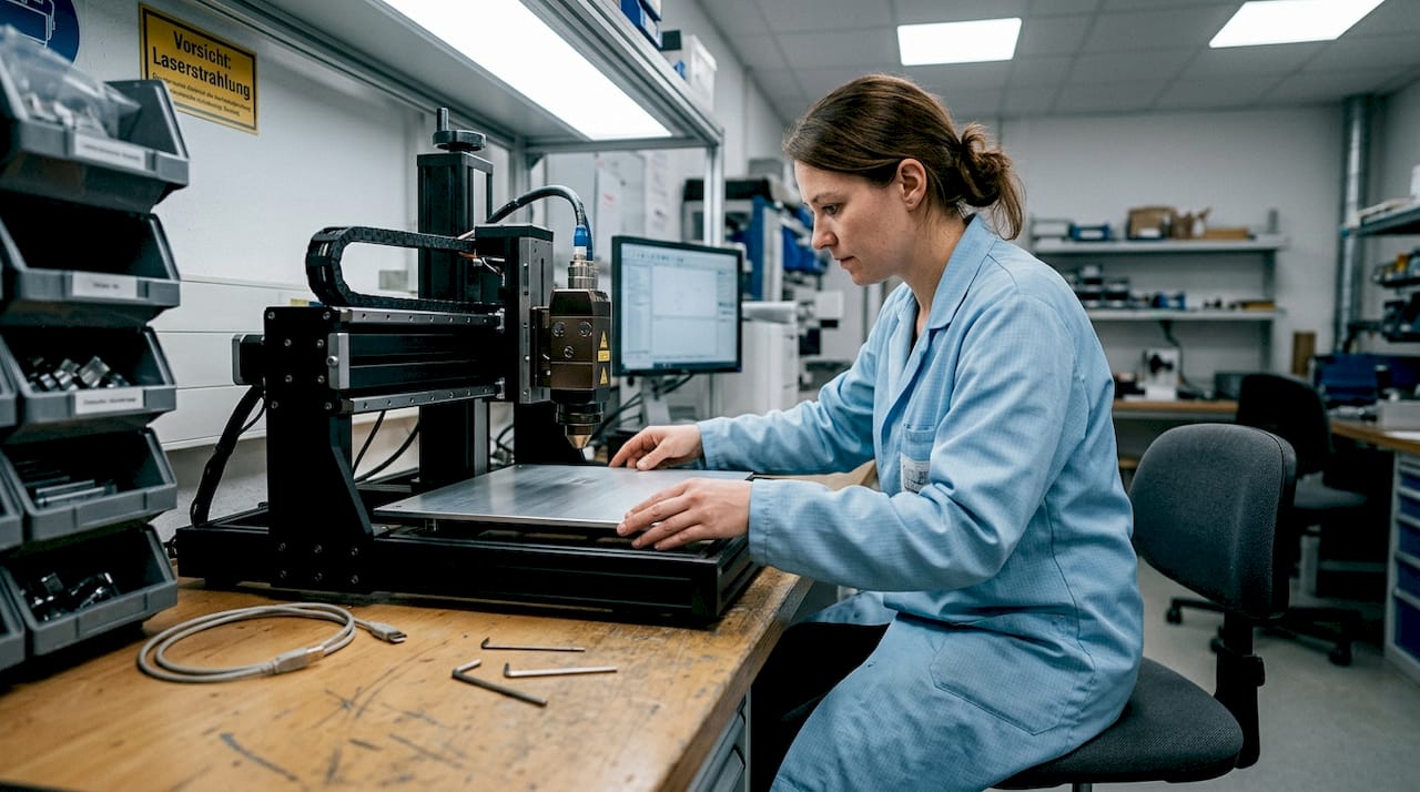 Ein Techniker graviert eine Metallplatte mit einem Faserlaser.