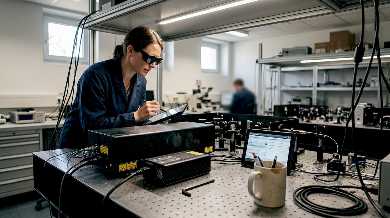 Eine Labortechnikerin kontrolliert den Gravurprozess mit einem Ultrakurzpulslaser.