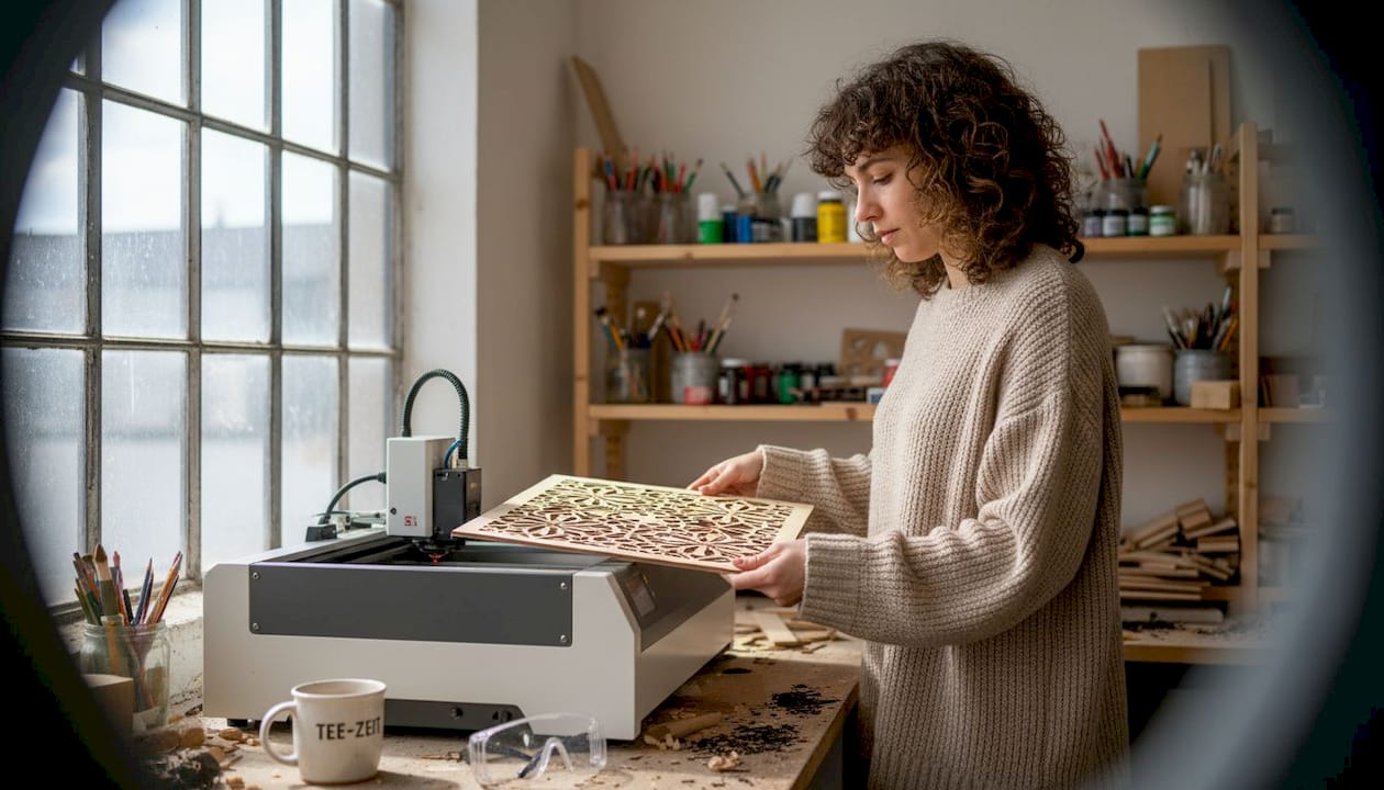 Eine Künstlerin setzt einen Lasercutter ein, um filigrane Intarsienarbeiten aus Holz zu gestalten.