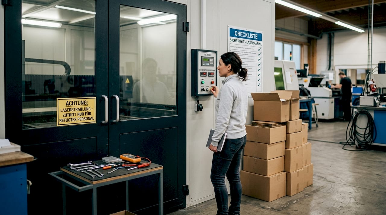 Ein Ingenieur überprüft das Verriegelungssystem in der Laserkabine.