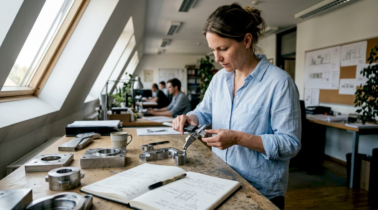 Eine Ingenieurin inspiziert zugeschnittene Edelstahlkomponenten auf ihre Qualität.