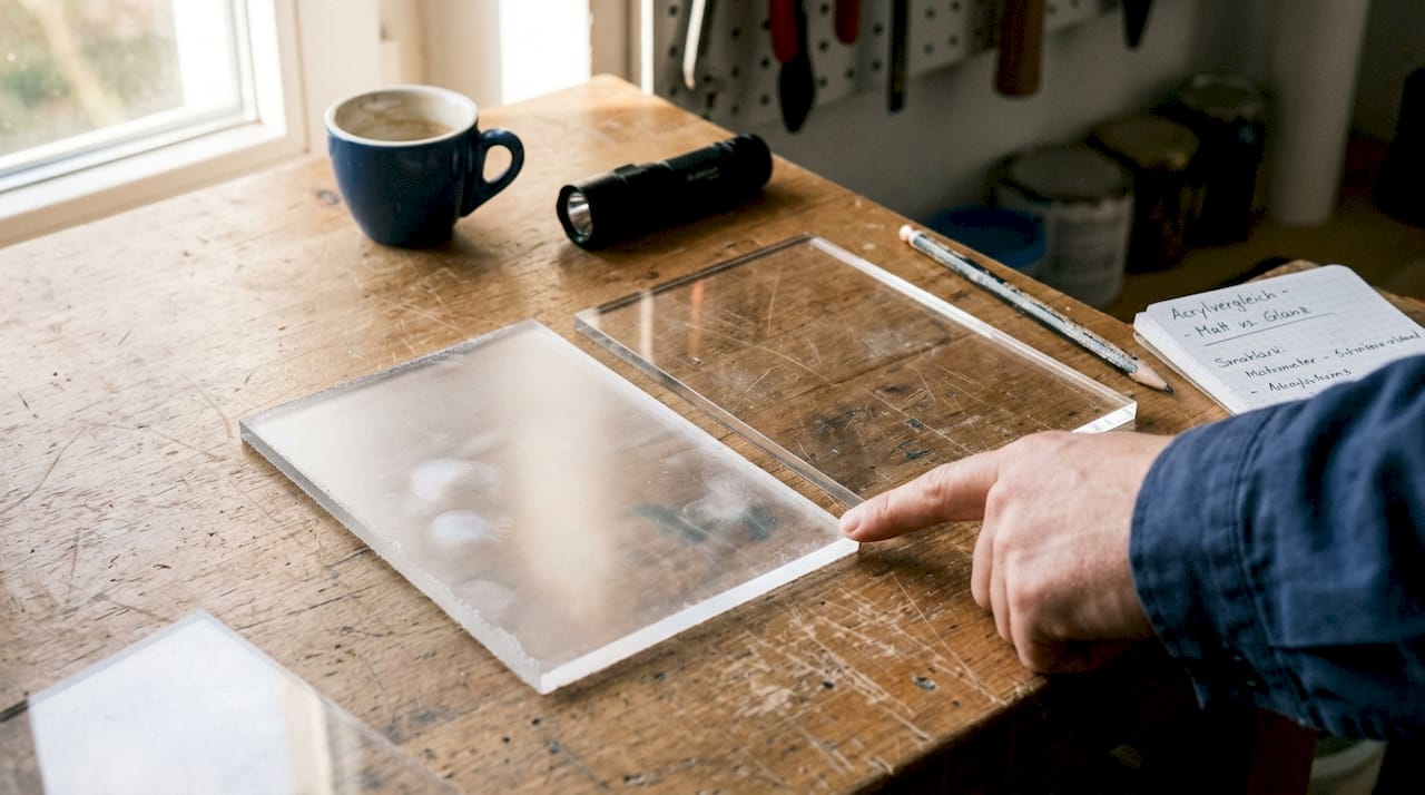 Verschiedene Acrylplatten-Muster liegen auf dem Werktisch bereit.