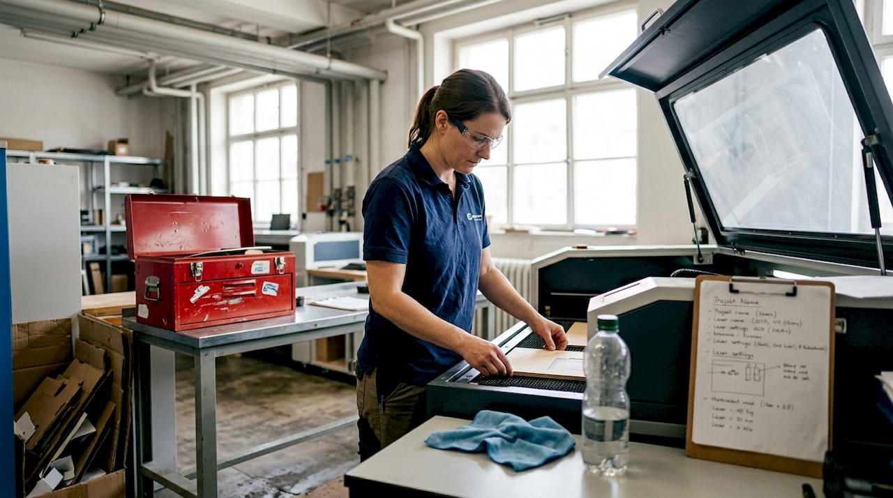 Ein Techniker arbeitet im Labor mit einer modernen Lasergravurmaschine.
