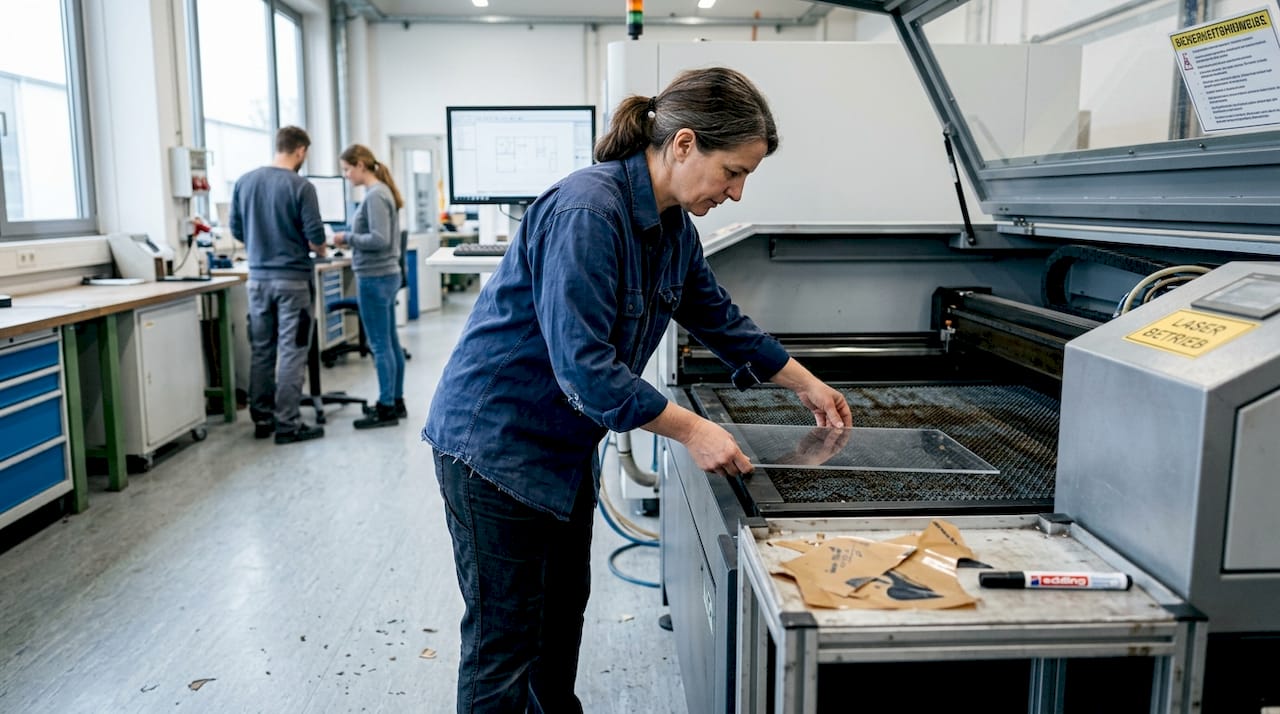 Die Ingenieurin plant das Laserprojekt mit großer Sorgfalt und achtet dabei auf jedes Detail.