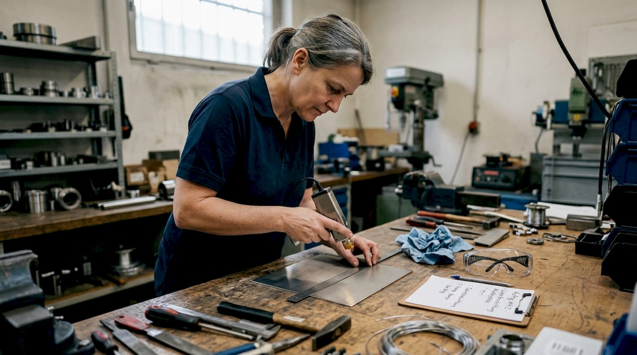 Eine Frau justiert ein Lasergerät auf ein Metallteil.