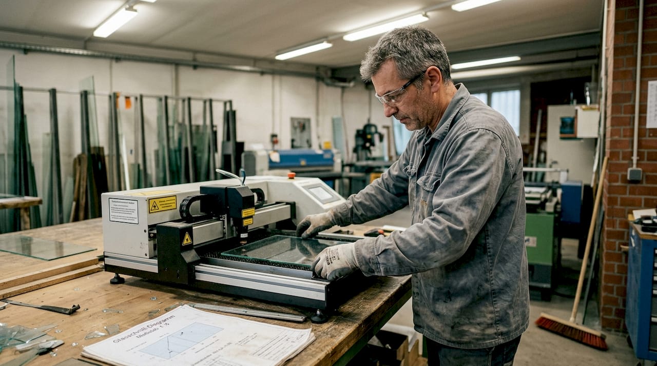 Ein Techniker richtet eine Glasscheibe präzise mit einer Faserlaser-Anlage aus.