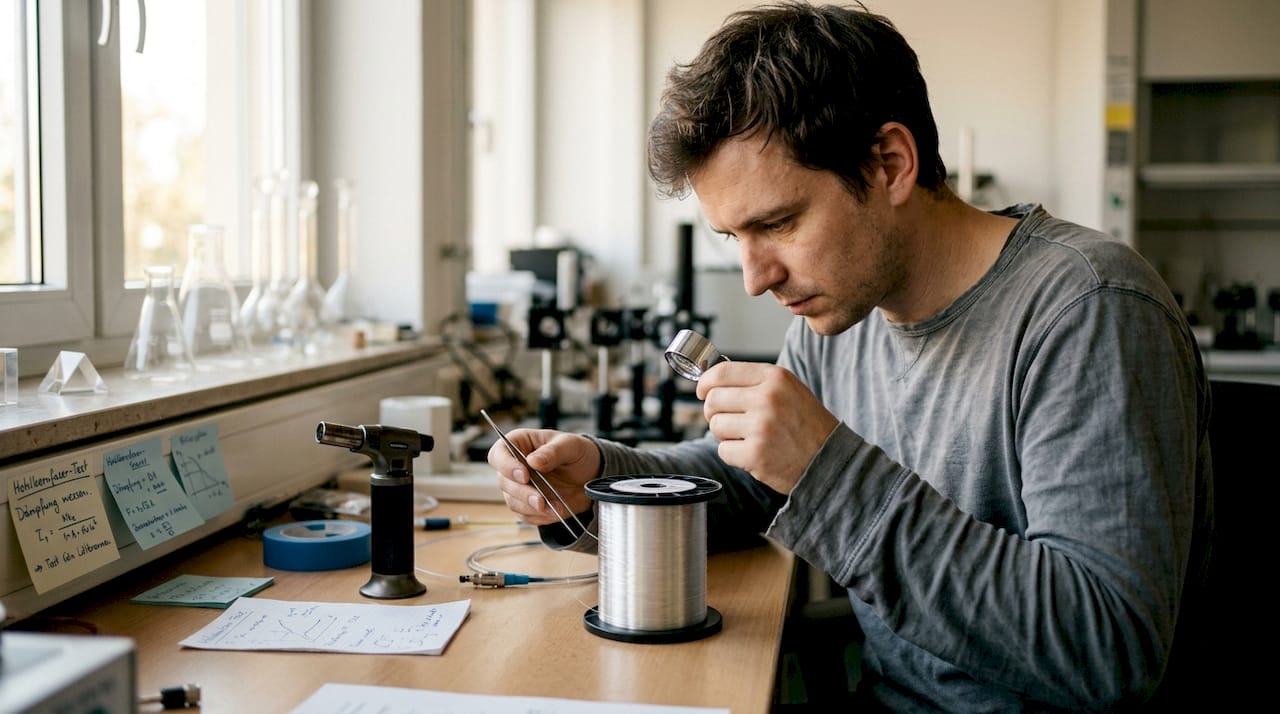 Ein Lasertechniker untersucht am Labortisch eine Hohlkernfaser auf ihre Funktionstüchtigkeit.