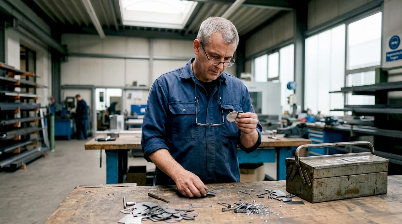 Ein Fachmann kontrolliert die Gravur auf Metall mithilfe eines Faserlasers.