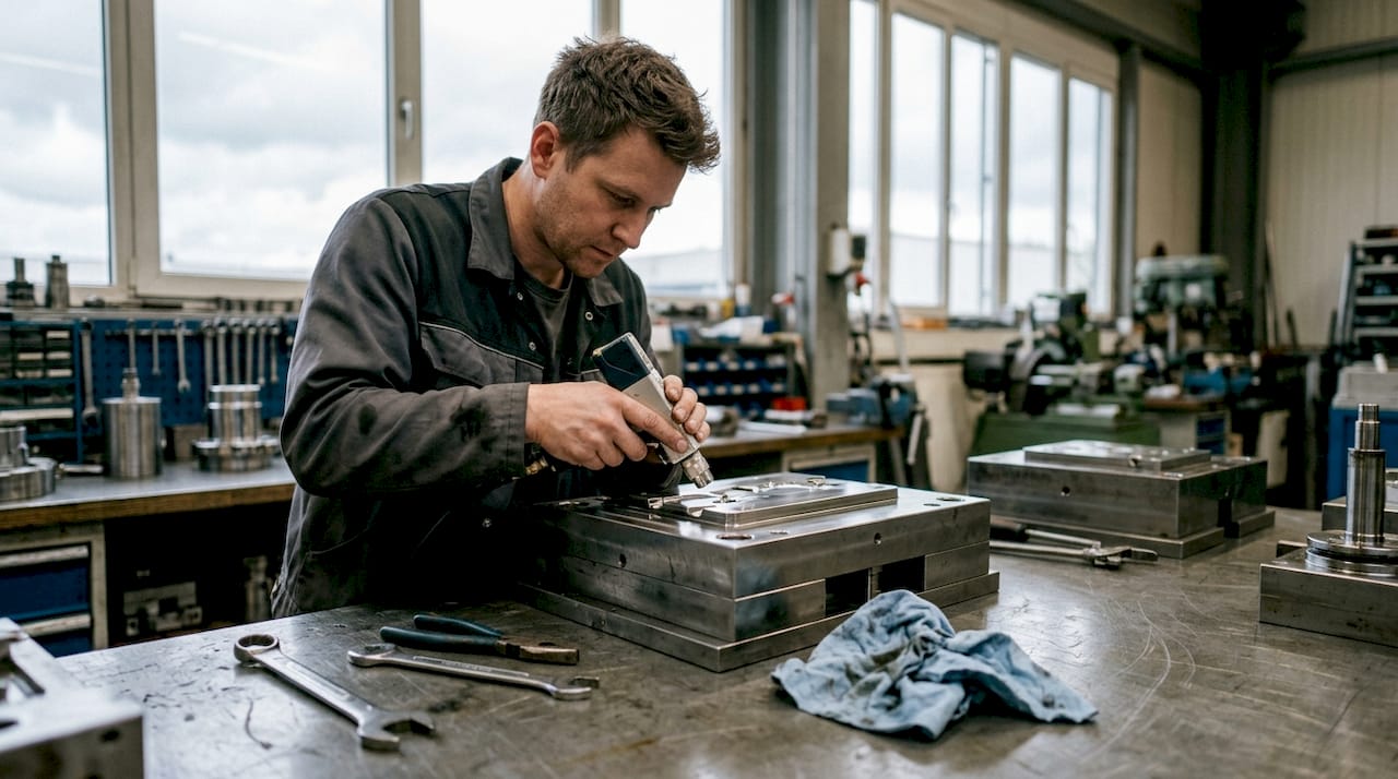 Ein Mitarbeiter bearbeitet eine Stahlform mit einem UKP-Laser.