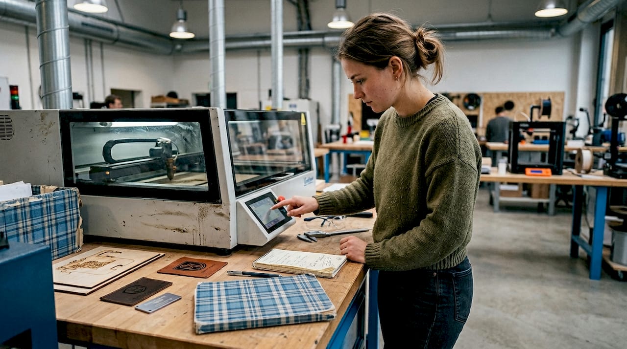 Eine Mitarbeiterin arbeitet an der Lasergravurmaschine.