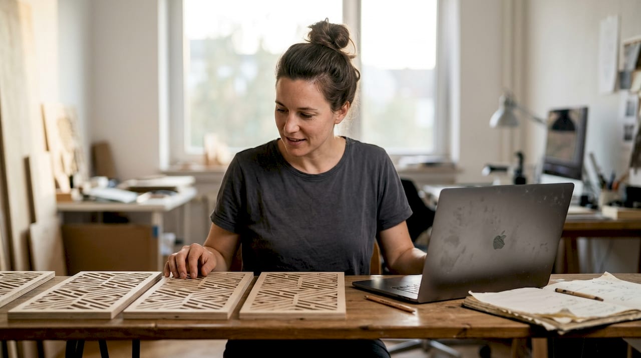 Designer nimmt verschiedene gelaserte Holzplatten unter die Lupe und vergleicht ihre Eigenschaften.