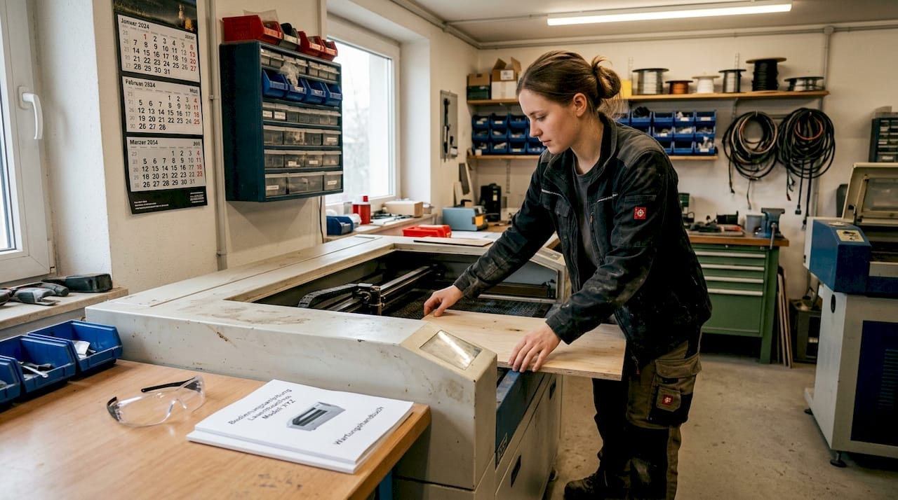 Eine Mitarbeiterin stellt in einer kleinen Werkstatt die Lasermaschine präzise ein.