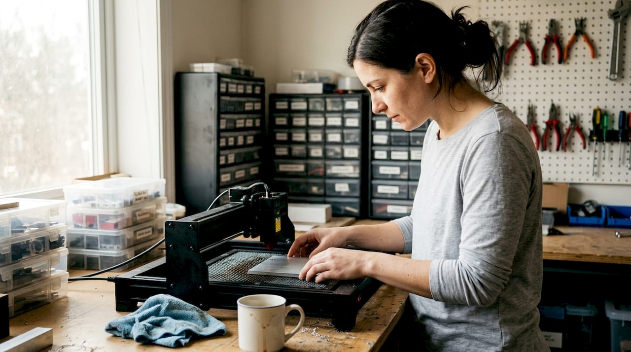 Ein Mitarbeiter legt das Werkstück in die Lasergravurmaschine ein.