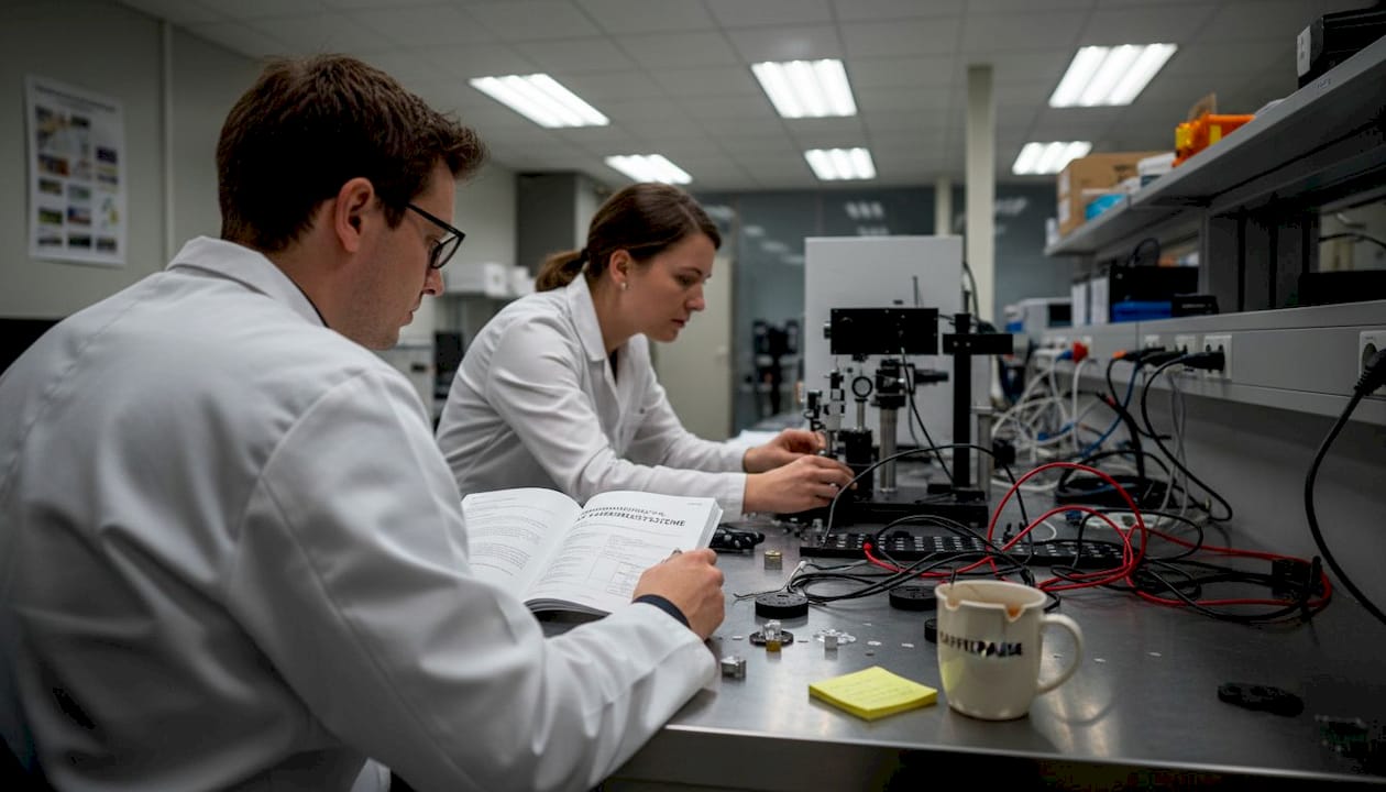 Ingenieure justieren und überprüfen ein optisches Lasermesssystem.