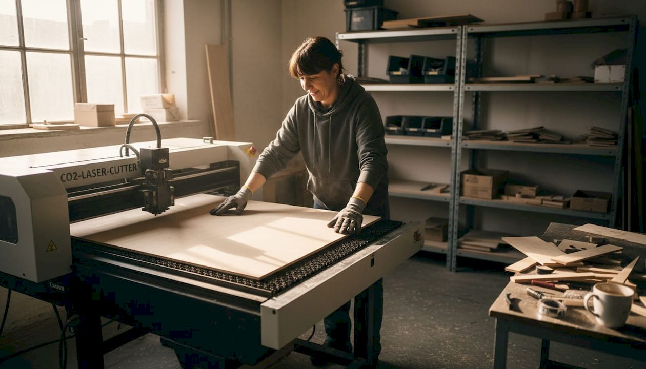 Ein Mitarbeiter bereitet Sperrholzplatten für die Bearbeitung im Laserzentrum vor.