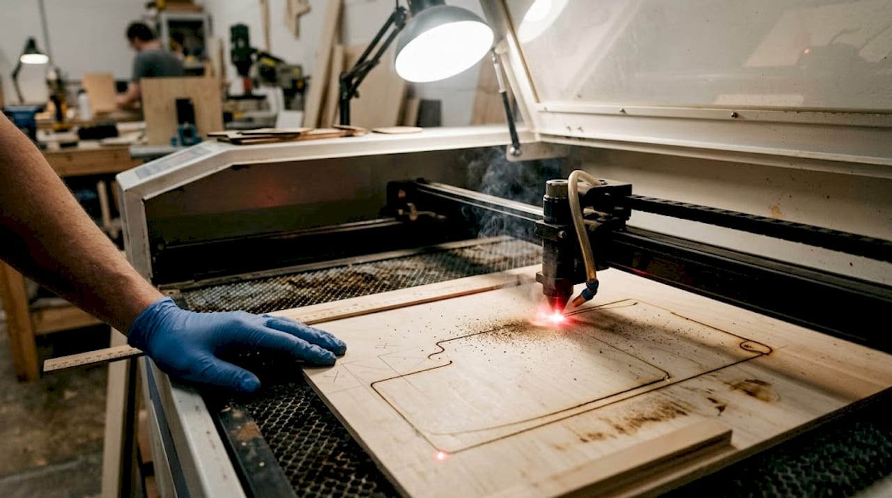 Ein Laserschneider sorgt für einen millimetergenauen Schnitt in die Sperrholzplatte.