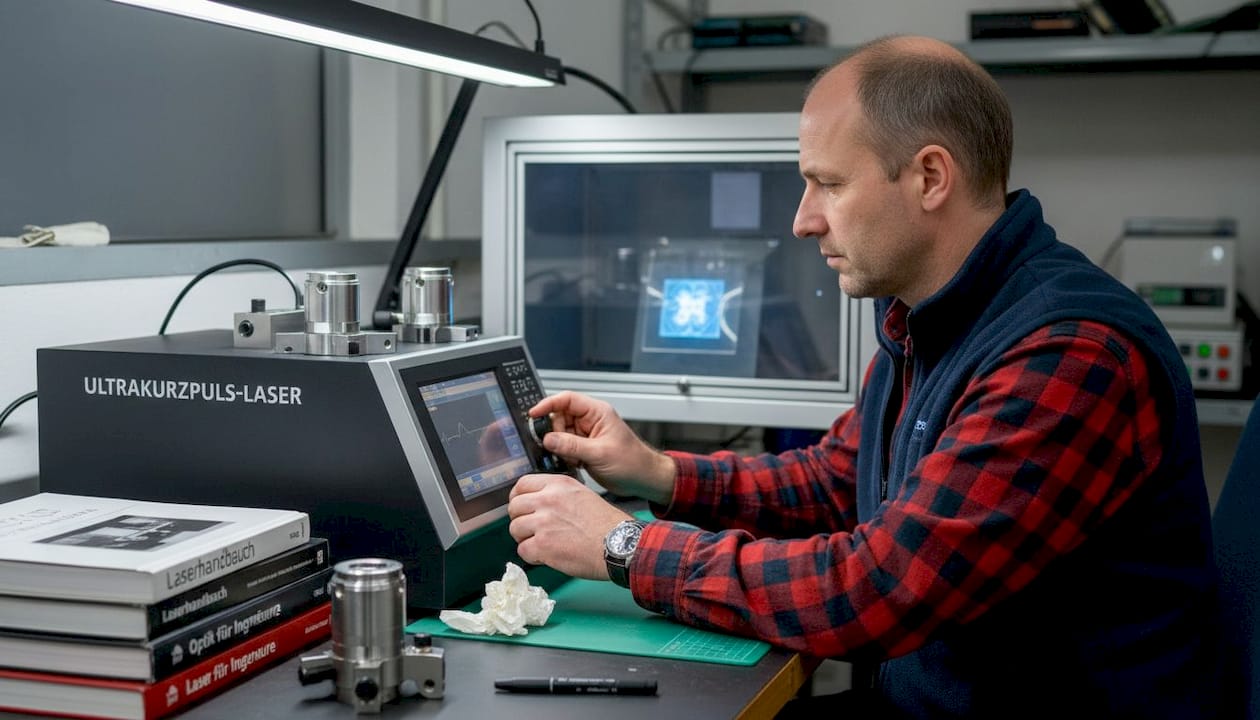 Ein Ingenieur bedient im Werkstattbetrieb einen UKP-Laser.