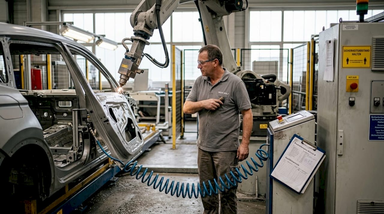 In der Automobilproduktion schneidet ein Laserschneidroboter präzise das Türblech eines Fahrzeugs zu.