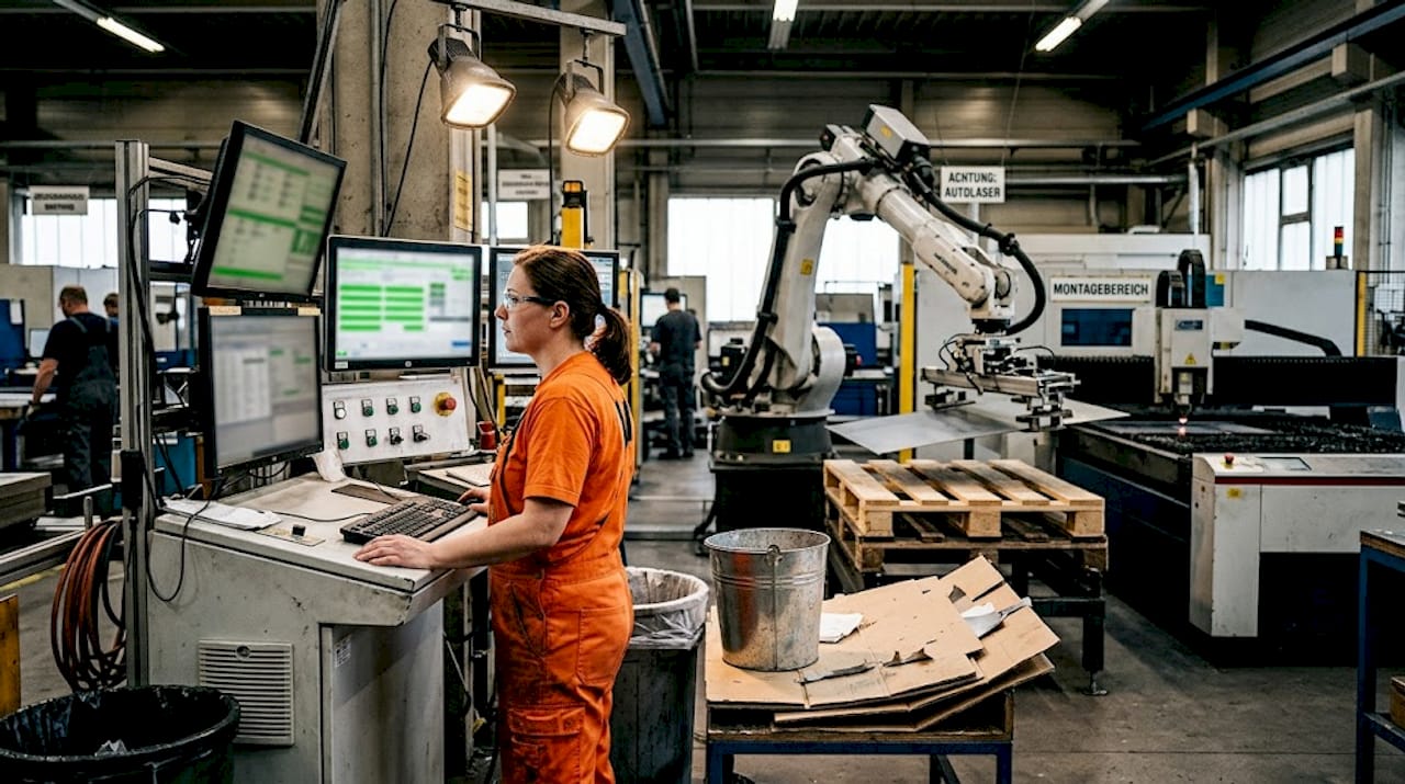 Vollautomatisierter Laser-Ladeprozess unter Aufsicht einer Bedienerin