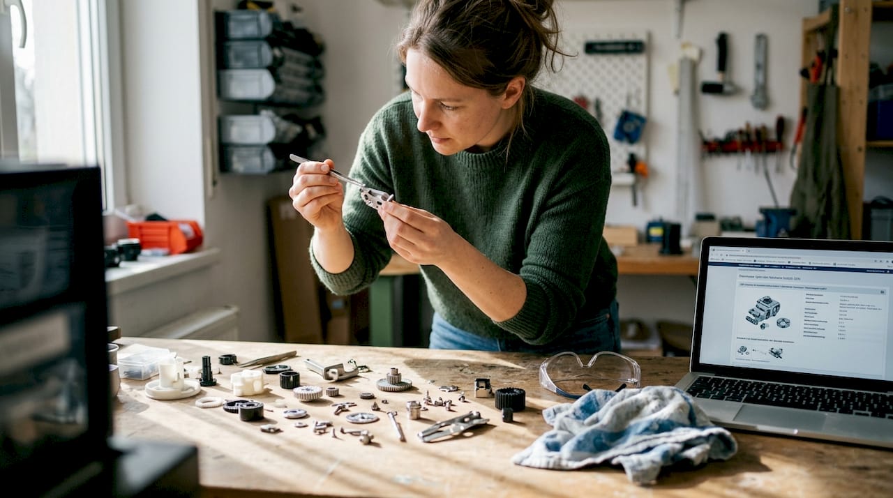 Eine Frau prüft und vergleicht beschriftete Werkstücke an ihrer Werkbank.