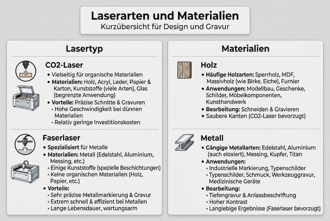 Übersichtsgrafik: Verschiedene Lasertypen und geeignete Materialien auf einen Blick