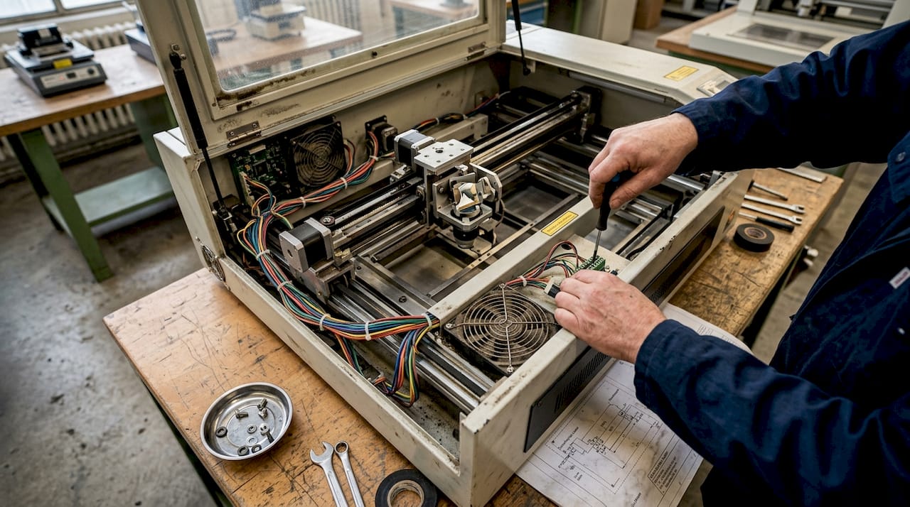 Nahaufnahme: Hände justieren präzise die Bauteile einer Lasermaschine.