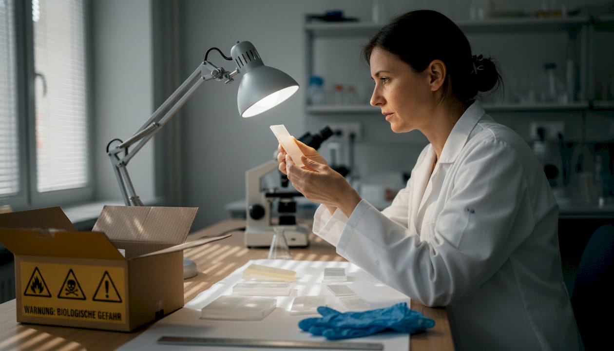 Eine Laborantin untersucht Kunststoffproben, um ihre Qualität und Einsatzfähigkeit zu überprüfen.