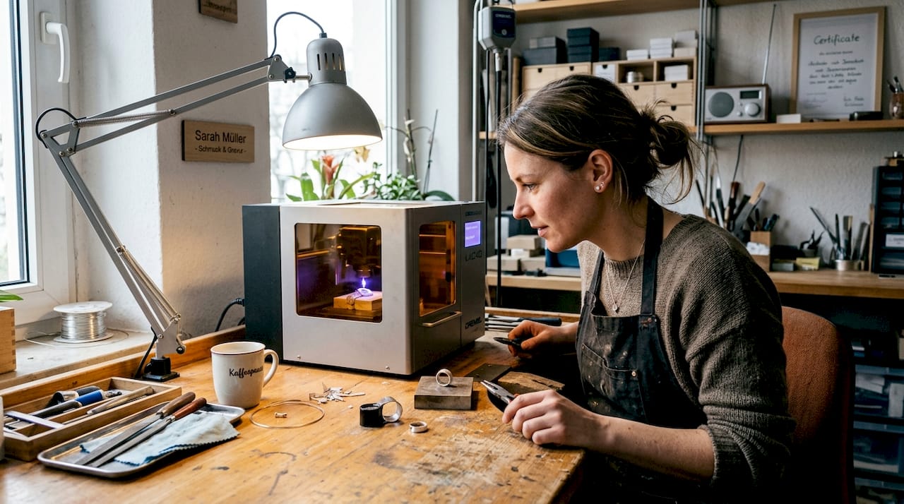 Ein Goldschmied veredelt ein Silberstück mit einer filigranen Lasergravur.