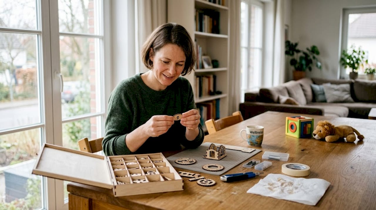 Eine Mitarbeiterin begutachtet am Arbeitstisch sorgfältig gelaserte Holzteile.