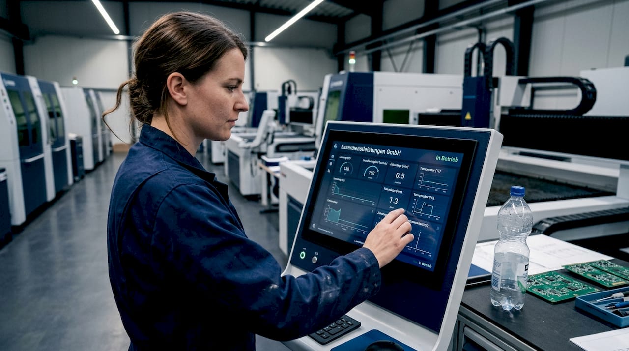 Ein Techniker steuert den Laserprozess über ein Touchscreen-Bedienfeld.