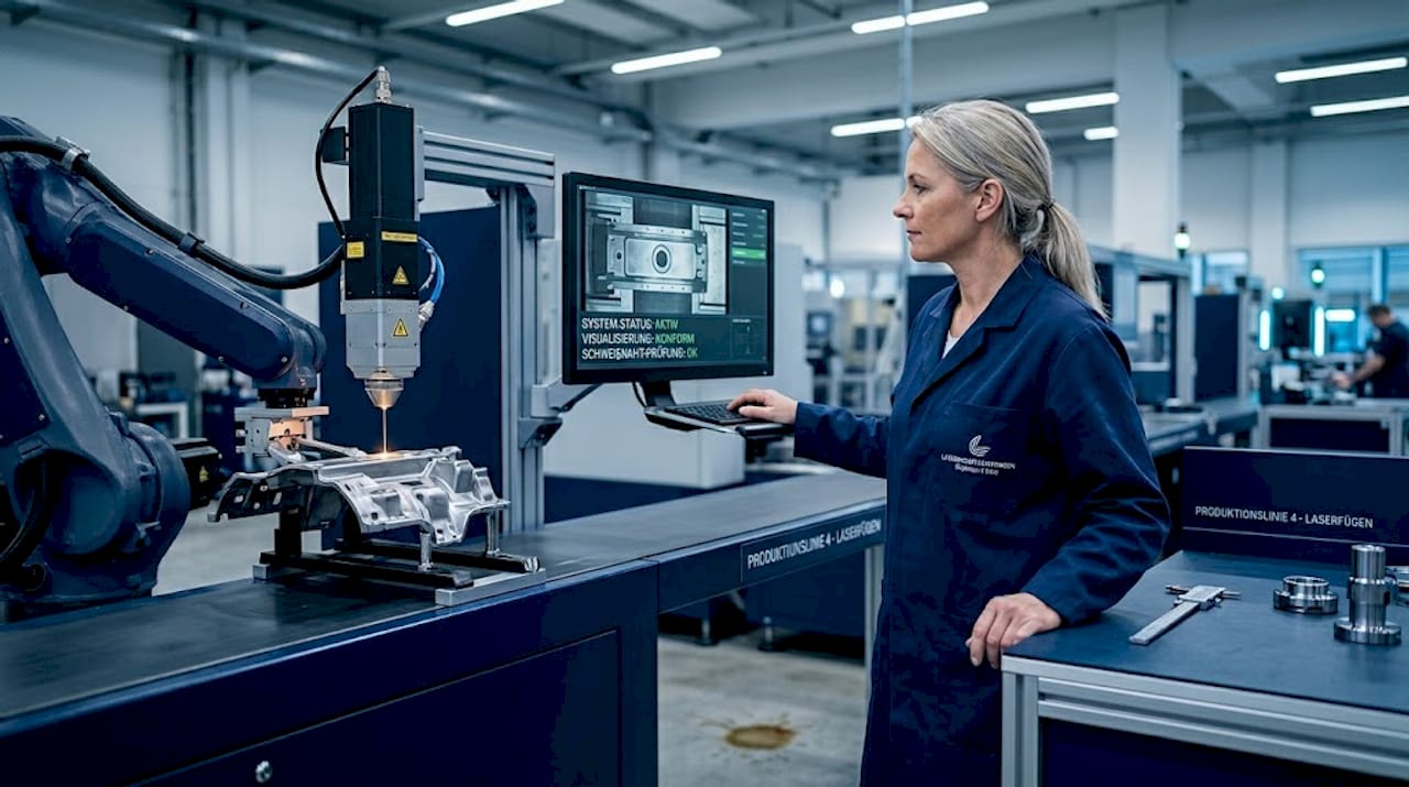 Eine Technikerin kontrolliert den Laserfertigungsprozess mithilfe eines modernen Bildverarbeitungssystems.