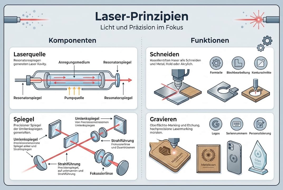 Infografik: Aufbau und Funktionsweise von Lasermaschinen – Die wichtigsten Komponenten im Überblick