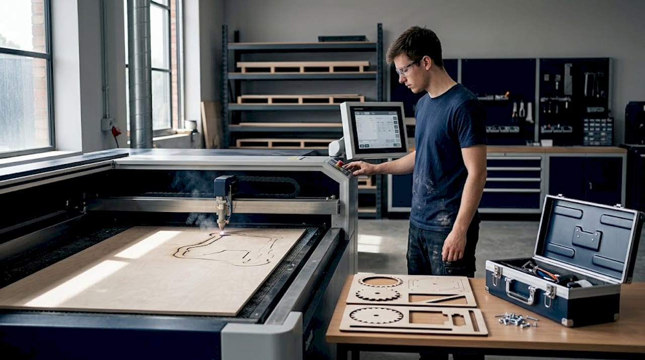 Ein Techniker bearbeitet Holz mit einer Laserschneidmaschine.